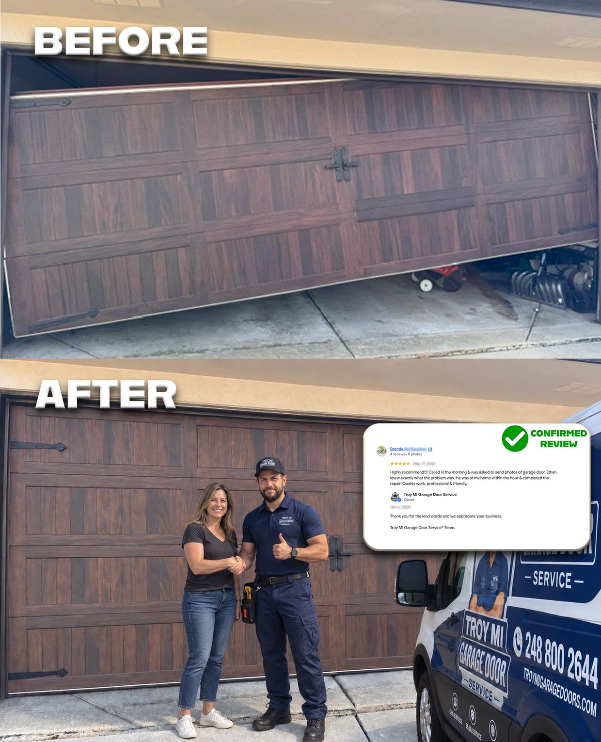 Before and after an off-track garage door repair completed by Ethan in Troy, Michigan